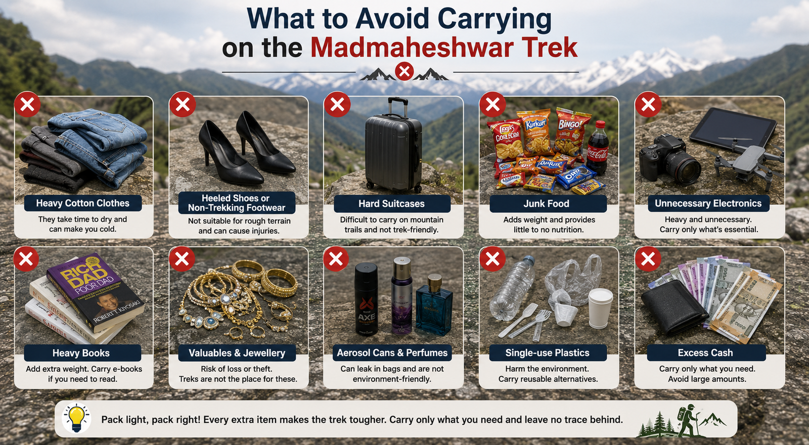 Madmaheshwar Trek packing list with backpack trekking shoes warm layers rain jacket water bottle and essentials