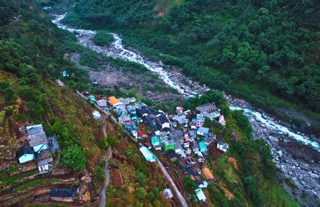 Traditional settlement and mountain landscape around Gaundhar Village in Uttarakhand