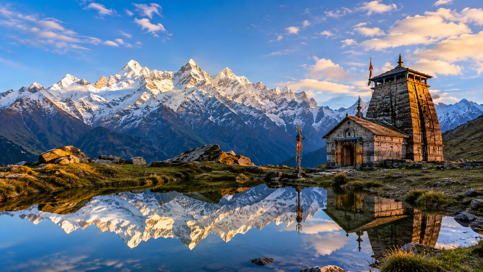 Madmaheshwar Temple stone architecture surrounded by snow-capped Himalayan peaks in Rudraprayag, Uttarakhand