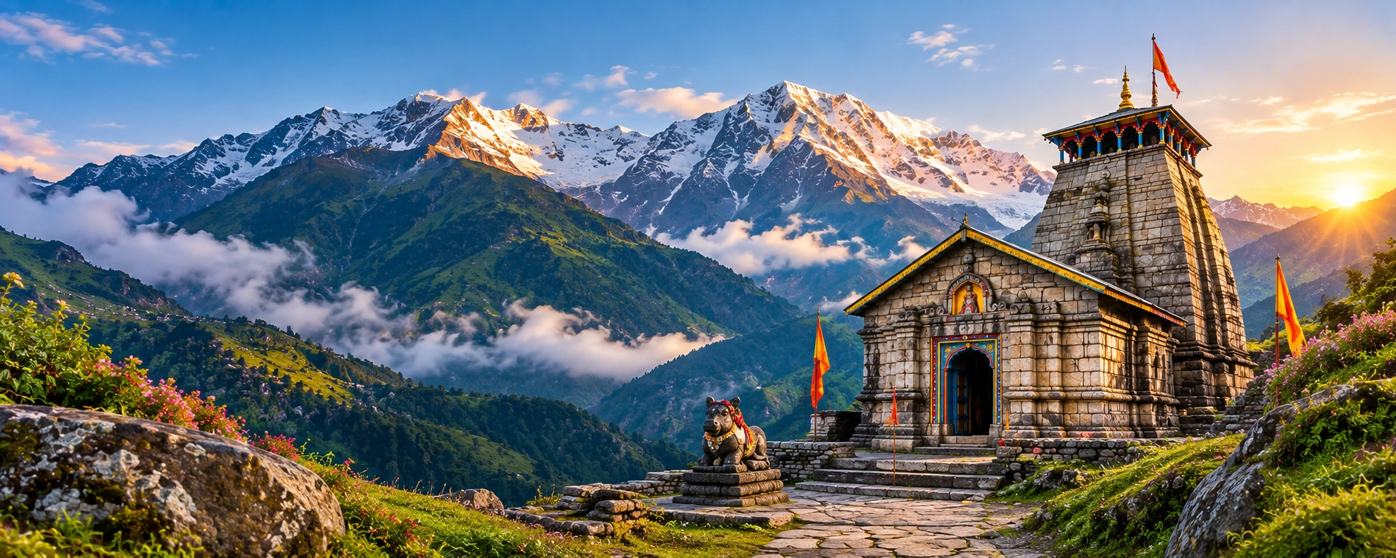 Madmaheshwar Temple stone architecture surrounded by snow-capped Himalayan peaks in Rudraprayag, Uttarakhand