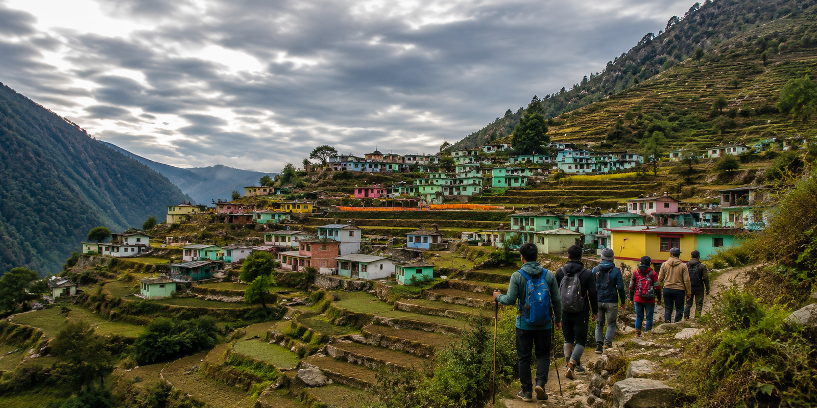 Traditional settlement and mountain landscape around Ransi Village in Uttarakhand